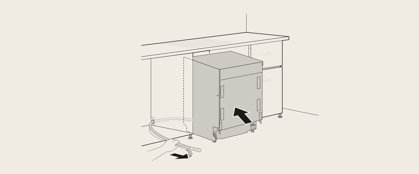 A dishwasher being installed near the sink for easy connection to the water and drain pipes. 	