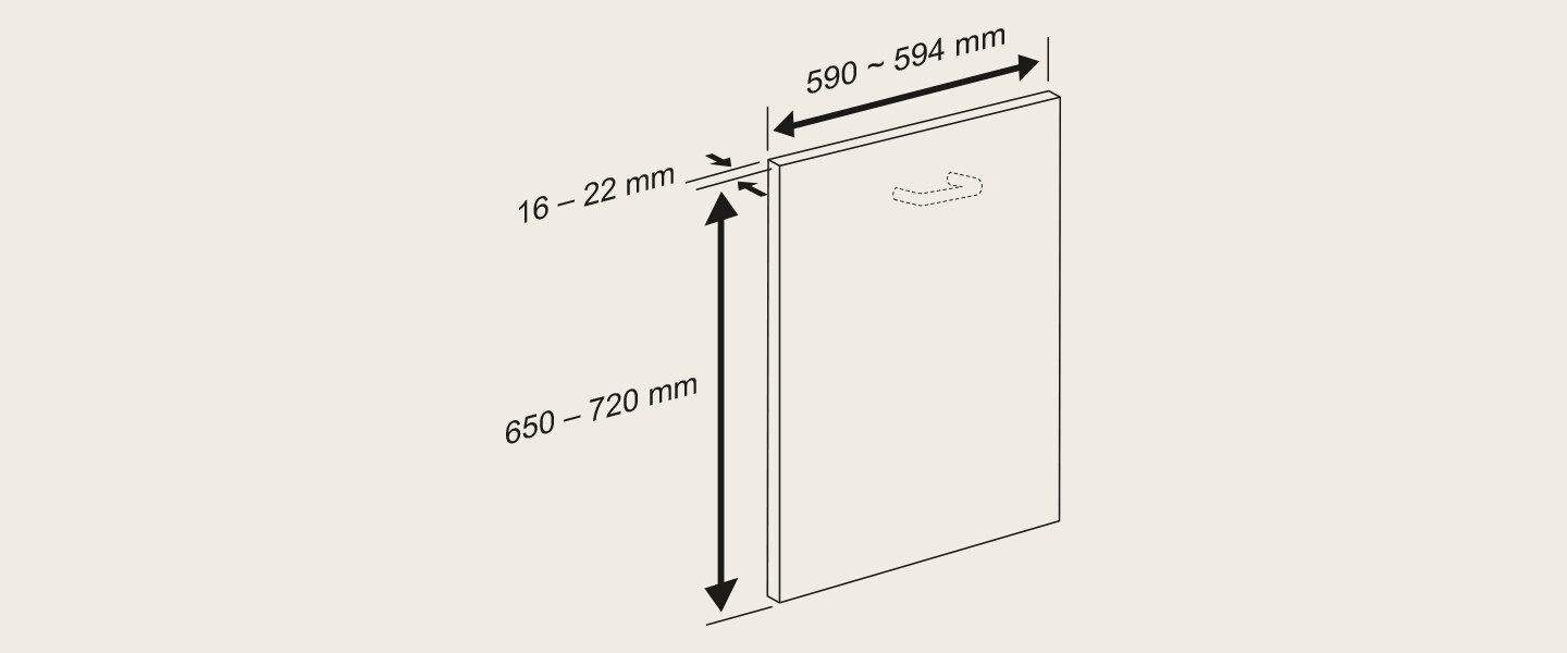 Dimensions of the sliding dishwasher door panel. 	