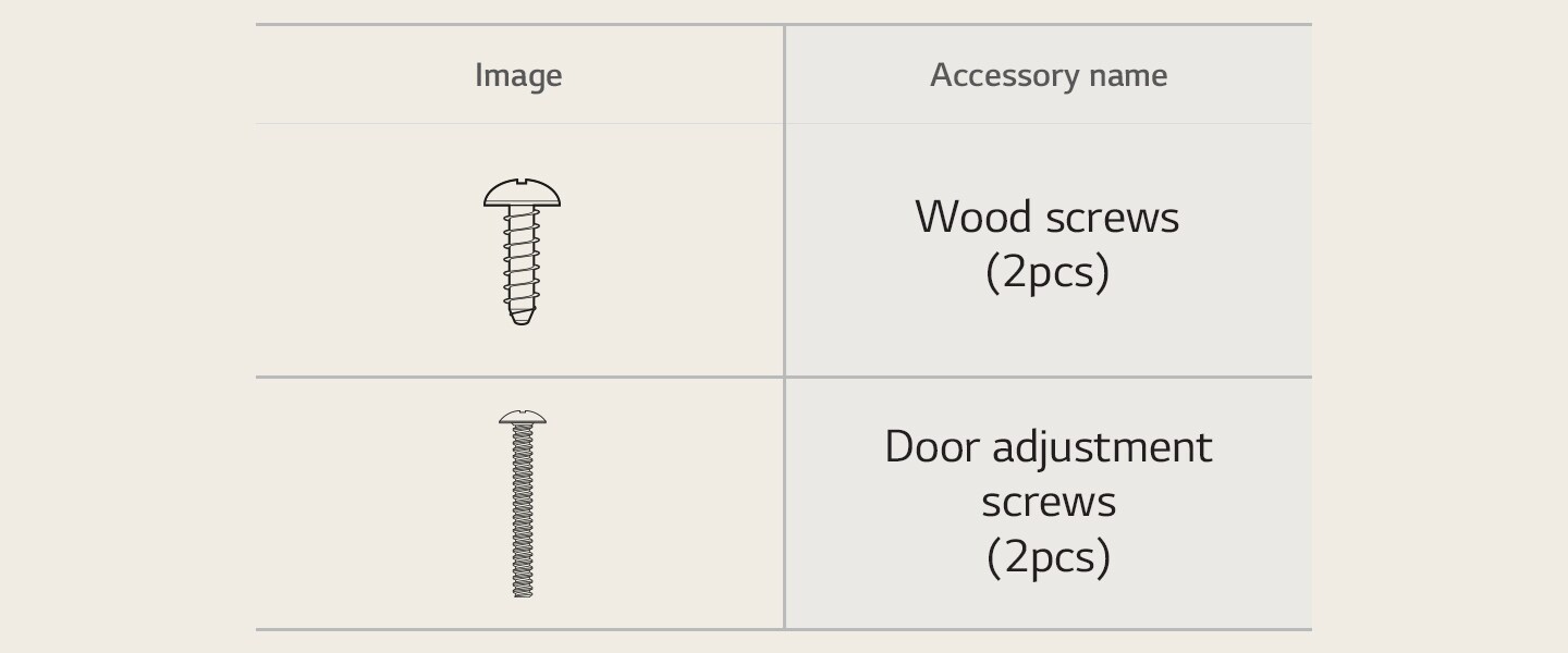 The Wood screws and Door adjustment screws needed for installation. 	