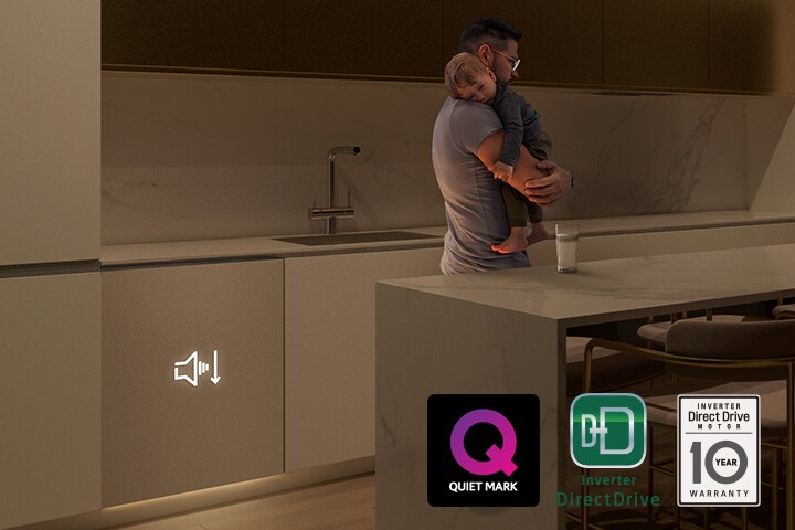 A woman is looking at her cell phone in the kitchen and a smartphone shows personalisation settings in the ThinQ™ app. 	