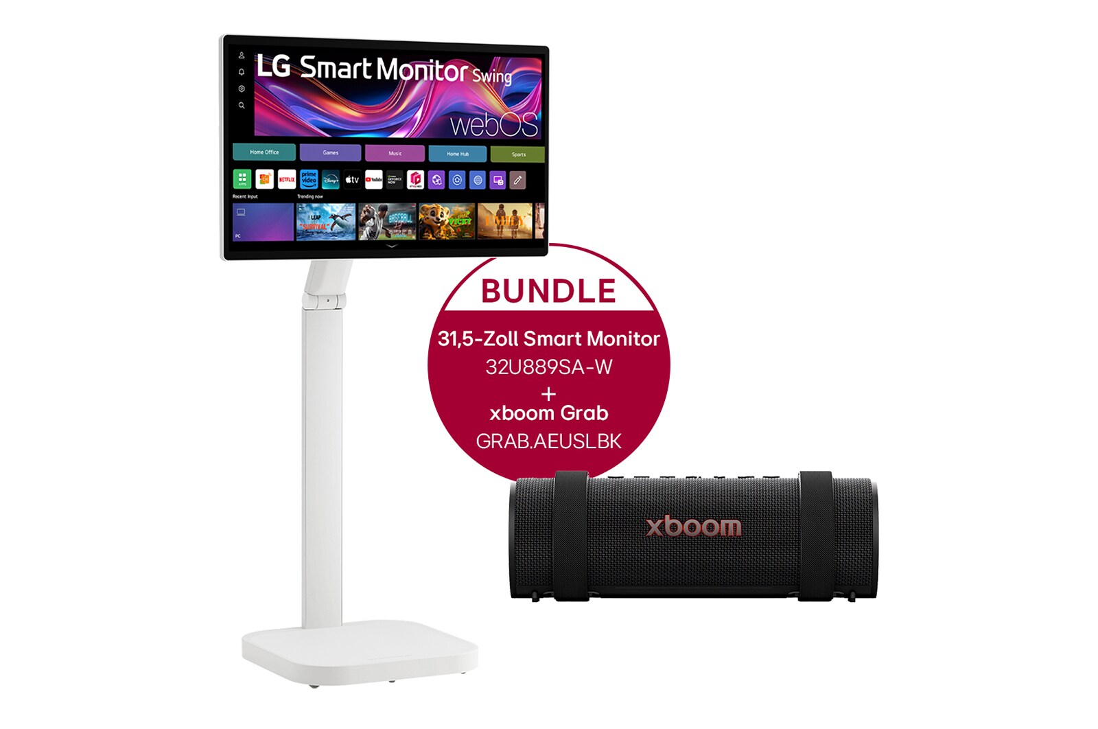 Vorderseite von 31,5-Zoll 4K UHD IPS-Smart Monitor mit Touchscreen und Standfuß mit Rollen &#43; LG xboom Grab by will.i.am | Bluetooth-Lautsprecher 32U889SA.GRAB