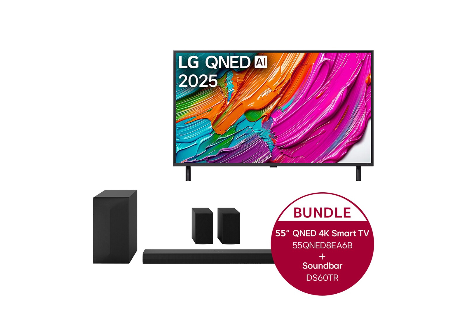 Vorderseite von 55 Zoll LG QNED AI QNED8E 4K Smart TV LG Home Theater Soundbar DS60TR 55QNED8EA6B.DS60TR
