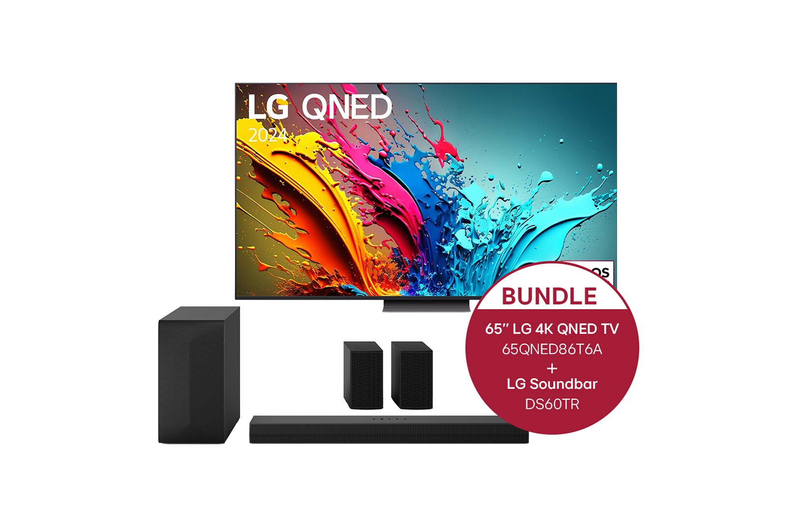 Vorderseite von 65 Zoll LG QNED86 4K Smart TV &#43; 5.1 Soundbar DS60TR mit 440 Watt  65QNED86T6A.DS60TR