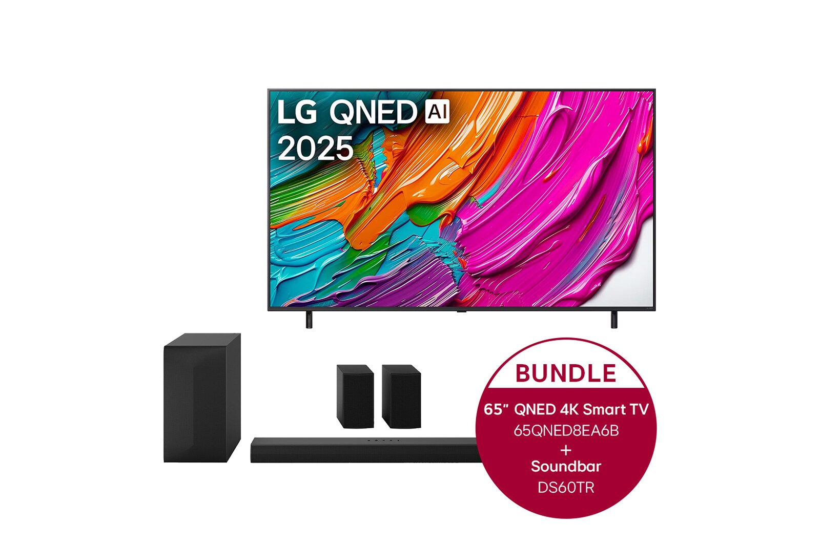 Vorderseite von 65 Zoll LG QNED AI QNED8E 4K Smart TV &amp; LG Home Theater Soundbar DS60TR 65QNED8EA6B.DS60TR