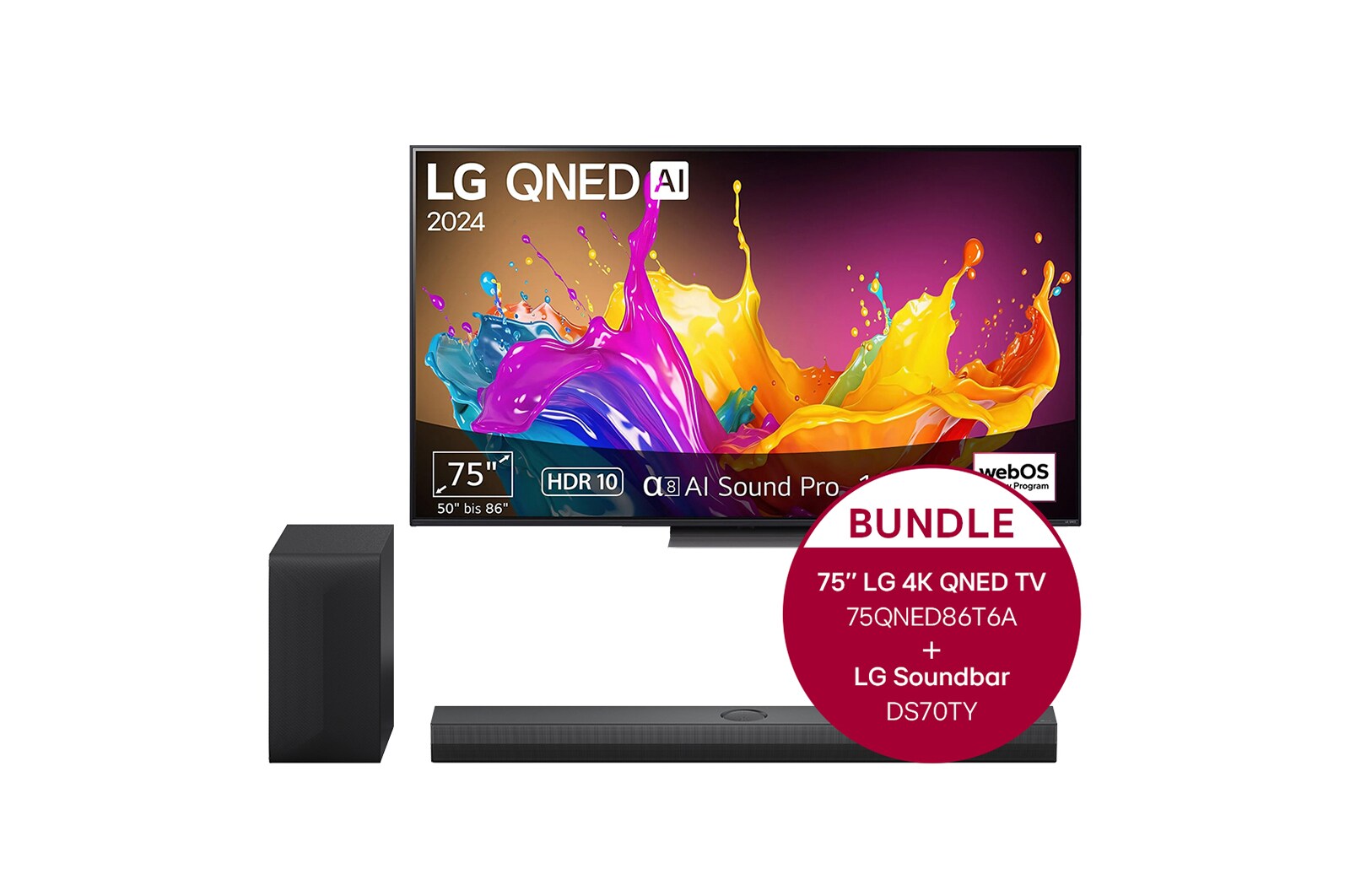 Vorderseite von 75 Zoll LG QNED86 4K Smart TV &#43; 3.1.1 Kanal LG TV Soundbar DS70TY mit Dolby Atmos  75QNED86T6A.DS70TY