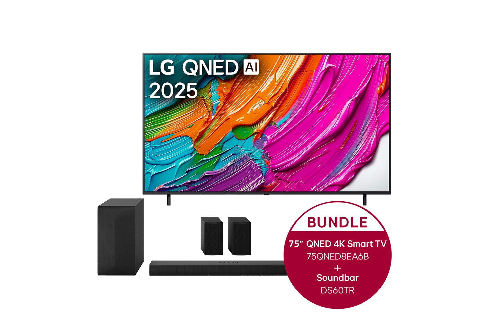 Vorderseite von 75 Zoll LG QNED AI QNED8E 4K Smart TV &amp; LG Home Theater Soundbar DS60TR 75QNED8EA6B.DS60TR