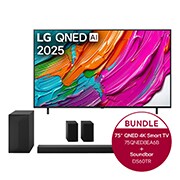 Vorderseite von 75 Zoll LG QNED AI QNED8E 4K Smart TV &amp; LG Home Theater Soundbar DS60TR 75QNED8EA6B.DS60TR