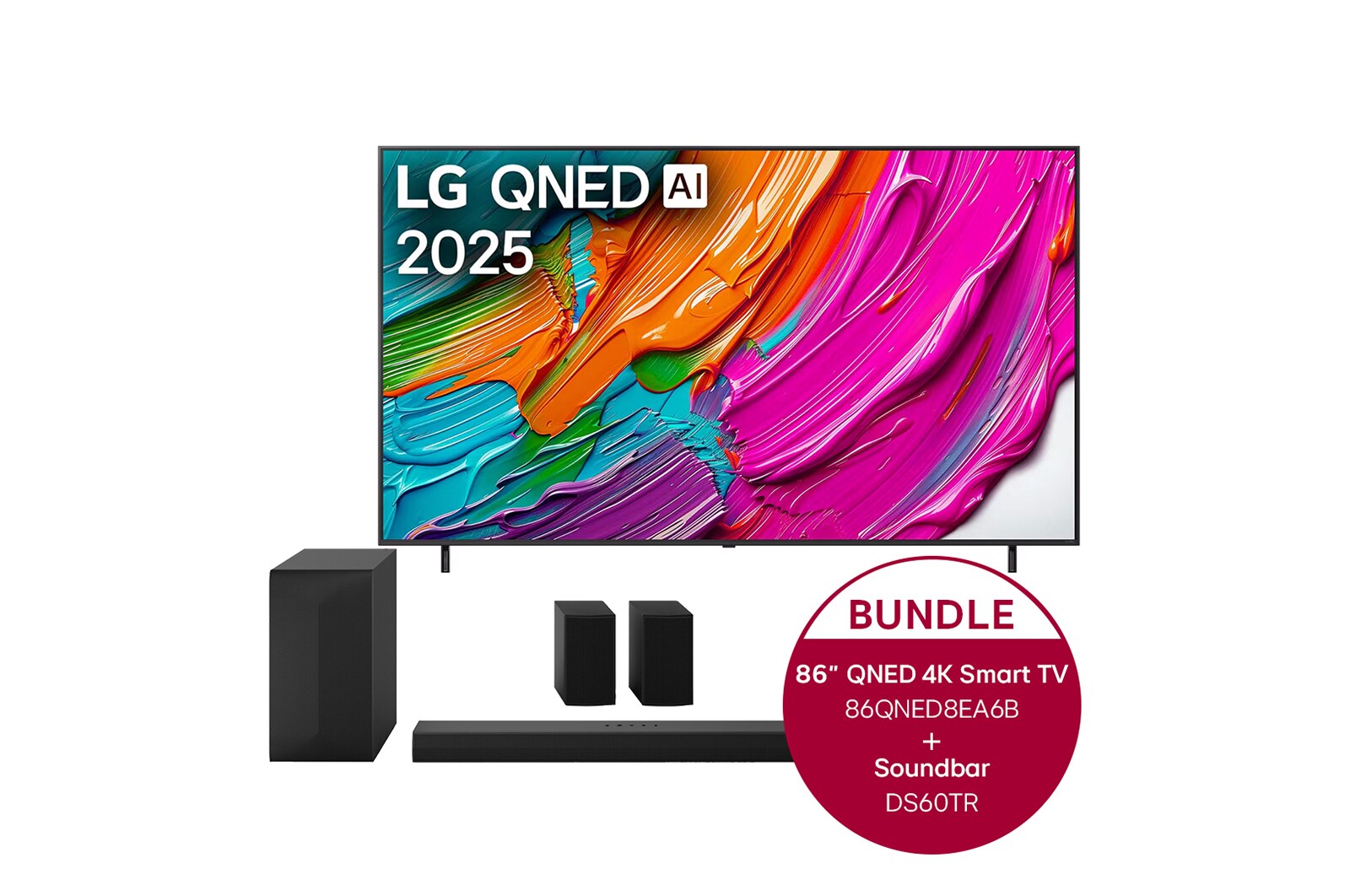 Vorderseite von 86 Zoll LG QNED AI QNED8E 4K Smart TV &amp; LG Home Theater Soundbar DS60TR 86 Zoll LG QNED AI QNED8E 4K Smart TV