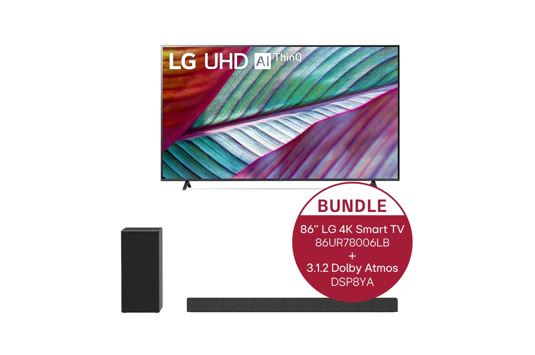 LG 86 Zoll LG 4K Smart UHD TV UR78 + 3.1.2 Dolby Atmos® Soundbar mit 440 Watt, 86UR78006LB.DSP8YA