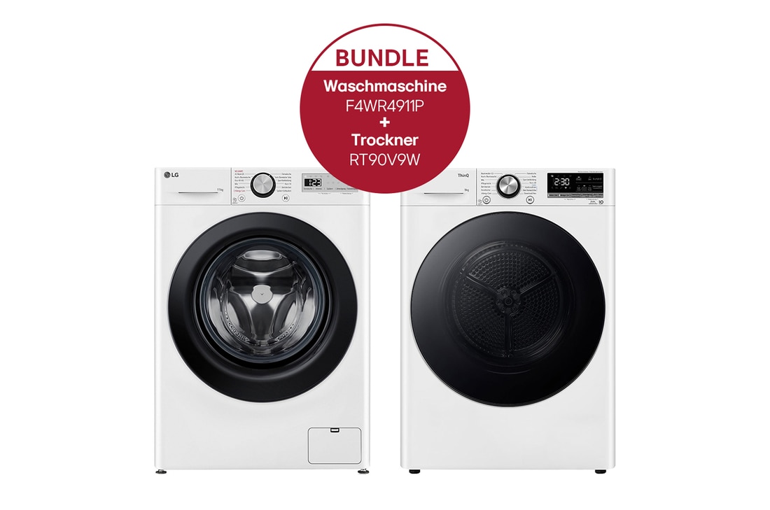 LG Waschmaschine (11 kg, 1.400 U./Min., EEK A) + Trockner Weiß (9 kg, EEK A+++) mit Dual Inverter Wärmepumpentechnologie, F4WR4911P.RT90V9W