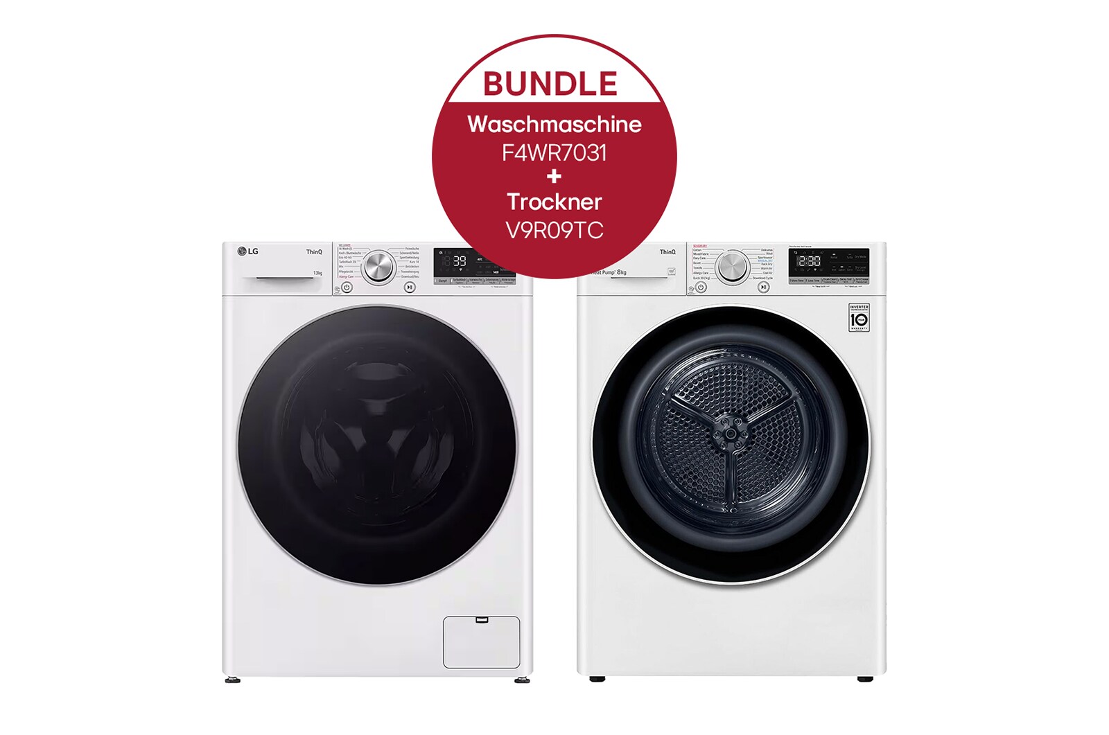 Vorderseite von Waschmaschine (13 kg, 1.400 U./Min., EEK A) mit silber Bullaugenring &#43; Trockner Weiß (A&#43;&#43;&#43;, 9 kg) mit Dual Inverter Wärmepumpentechnologie  F4WR7031.V9R09TC
