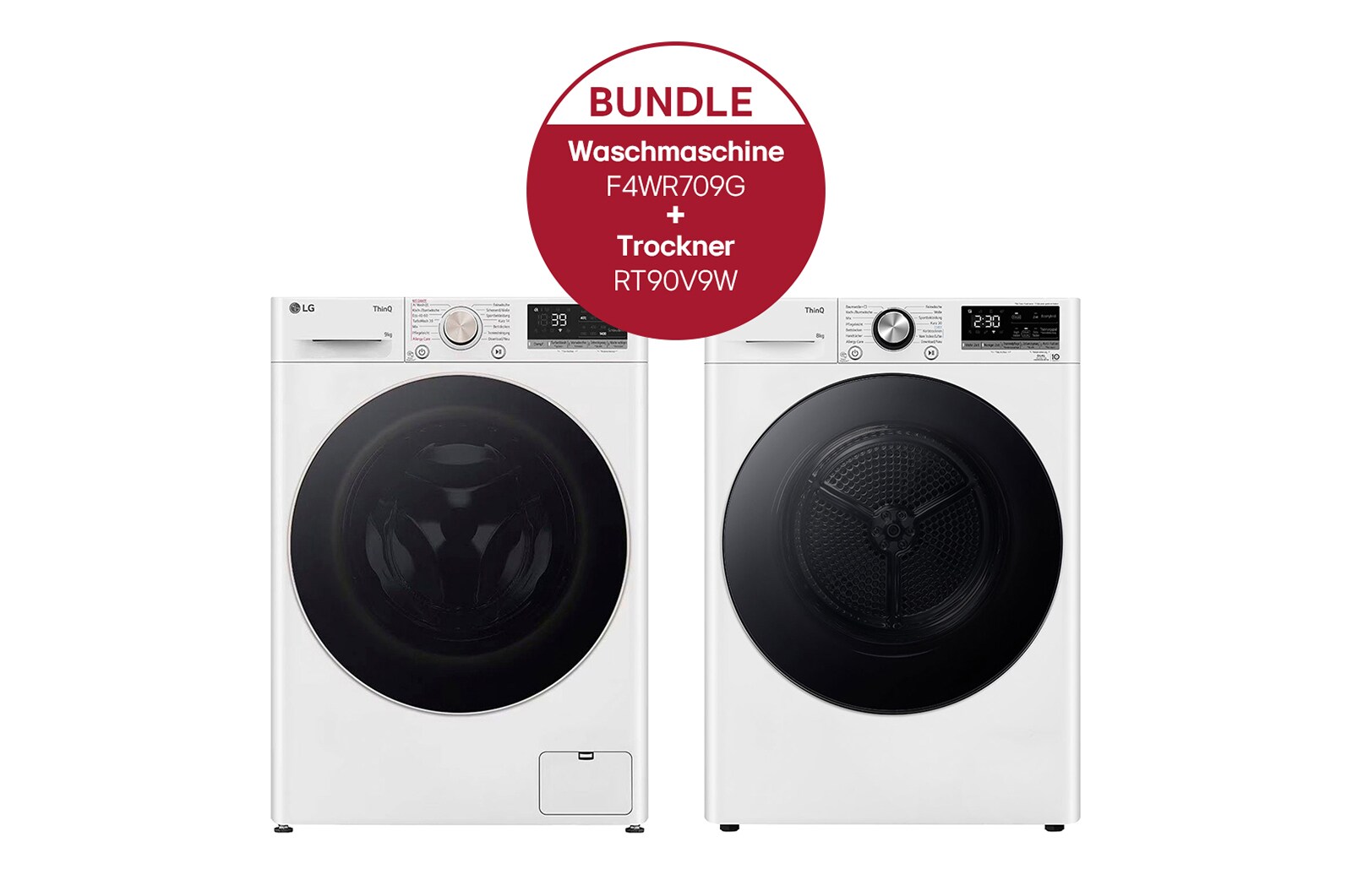 Vorderseite von Waschmaschine Weiß (9 kg, 1.360 U./Min., EEK A) mit AI DD® &#43; Trockner Weiß (9 kg, EEK A&#43;&#43;&#43;) mit Dual Inverter Wärmepumpentechnologie F4WR709G.RT90V9W