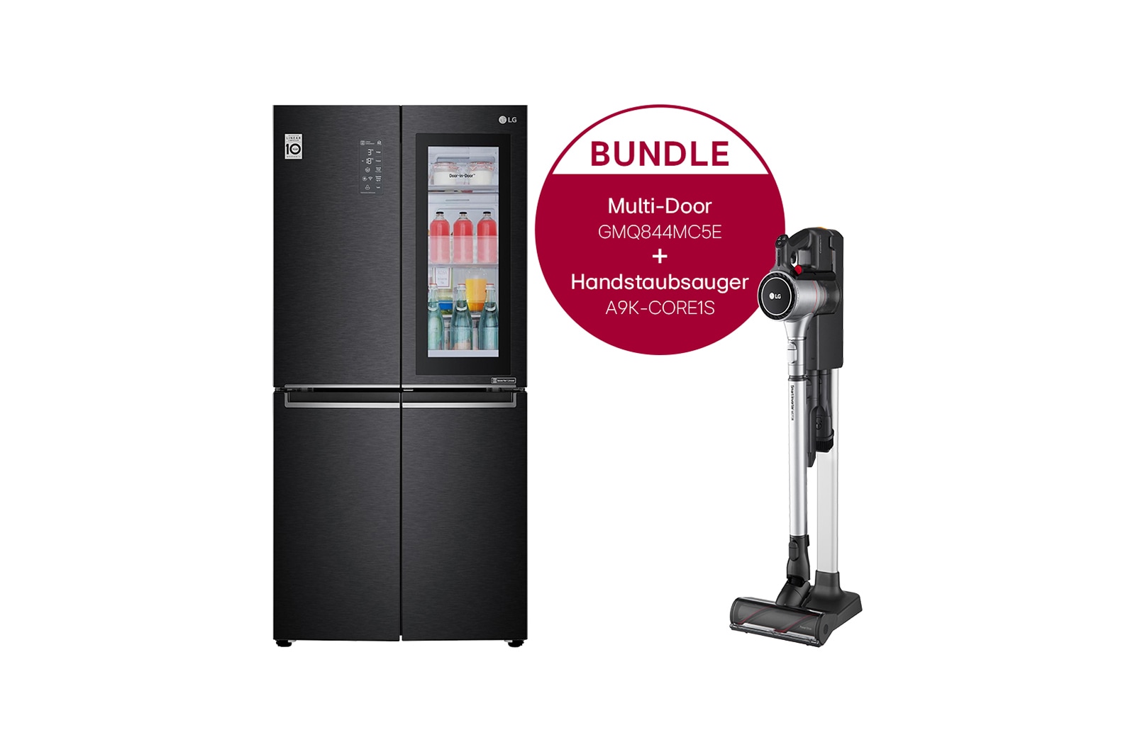 Vorderseite von Multi-Door Kühlschrank mit InstaView Door-in-Door® (E, 530L,178,7cm hoch) und Handstaubsauger Fantasy Silver im Set | GMQ844MC5E.CORE1S GMQ844MC5E.CORE1S