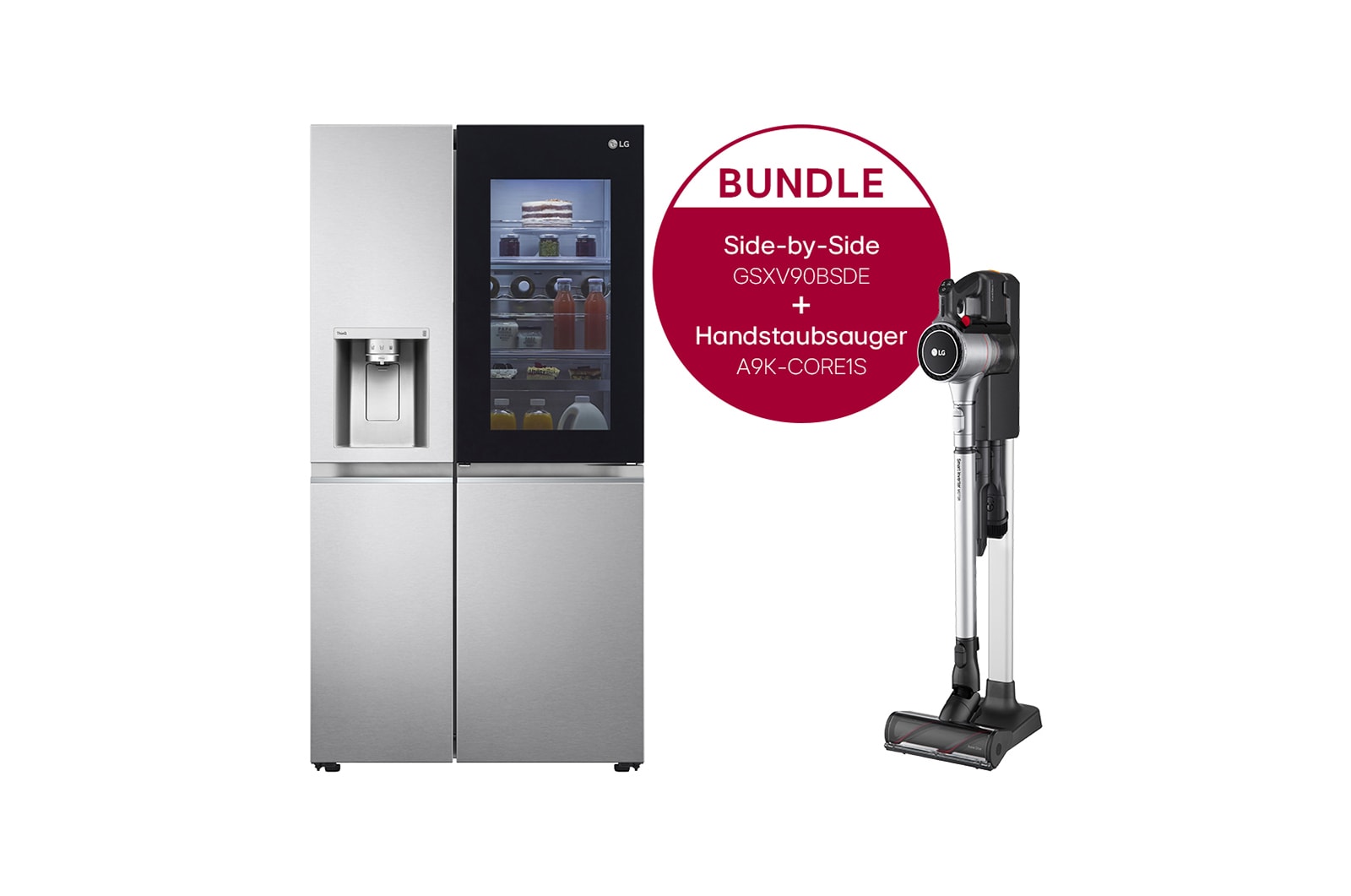 Vorderseite von Side-by-Side Kühlschrank mit InstaView Door-in-Door® (E, 635L, 179 cm hoch ) und Handstaubsauger Fantasy Silver im Set | GSXV90BSDE.CORE1S GSXV90BSDE.CORE1S