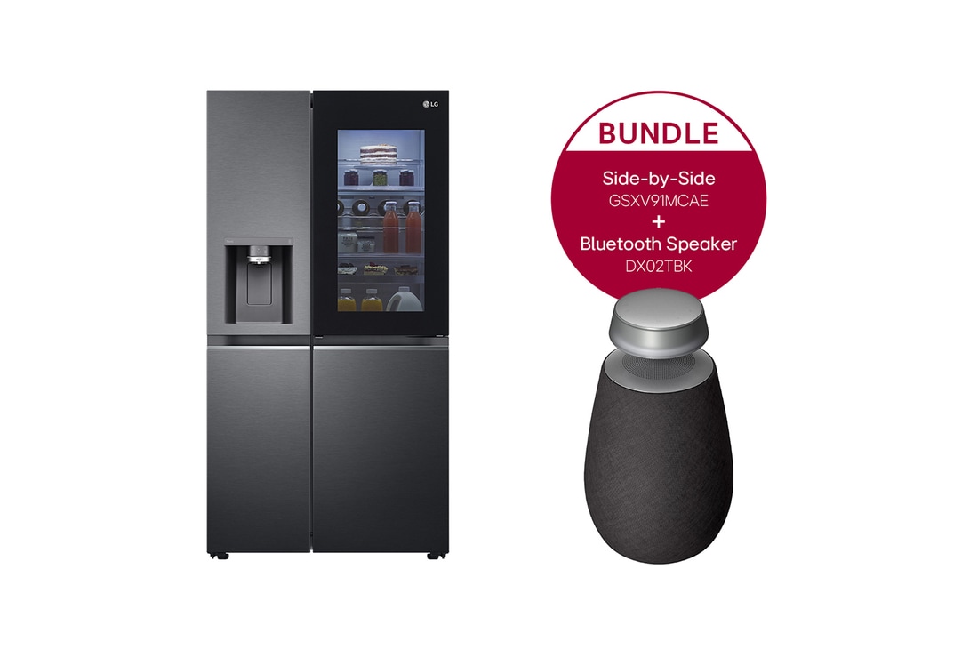 LG Side-by-Side Kühlschrank mit InstaView Door-in-Door® (E, 635L, 179cm hoch) mit Eis-, Crushed Ice- und Wasserspender & internem Wassertank | GSXV91MCAE  + LG XBOOM 360, GSXV91MCAE.DXO2TBK