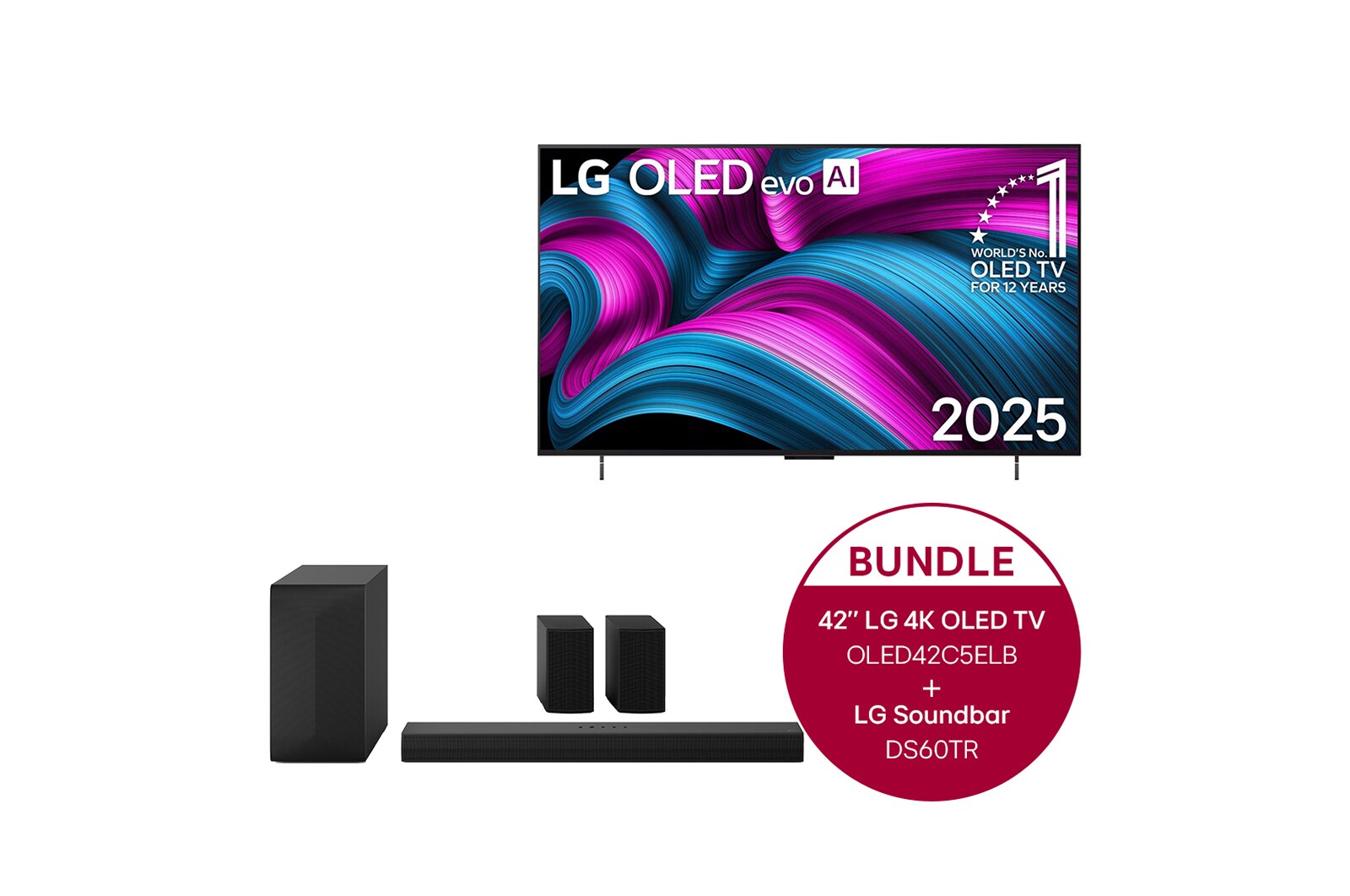 Vorderseite von 42 Zoll LG OLED evo AI C5E 4K Smart TV &#43; 5.1-Kanal LG Heimkino-Soundbar S60TR mit Surround-Sound und hinteren Lautsprechern OLED42C5ELB.DS60TR