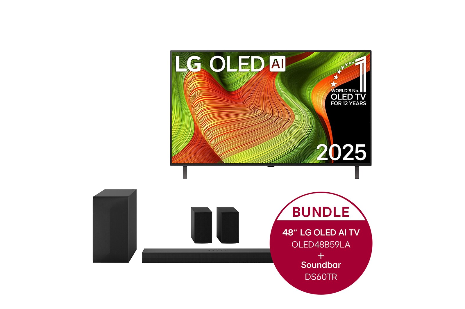 Vorderseite von 48 Zoll LG OLED AI B5 4K Smart TV  &#43; 5.1-Kanal LG Home Theater Soundbar DS60TR mit Surround-Sound und hinteren Lautsprechern OLED48B59LA.DS60TR