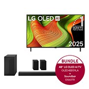 Vorderseite von 48 Zoll LG OLED AI B5 4K Smart TV  &#43; 5.1-Kanal LG Home Theater Soundbar DS60TR mit Surround-Sound und hinteren Lautsprechern OLED48B59LA.DS60TR