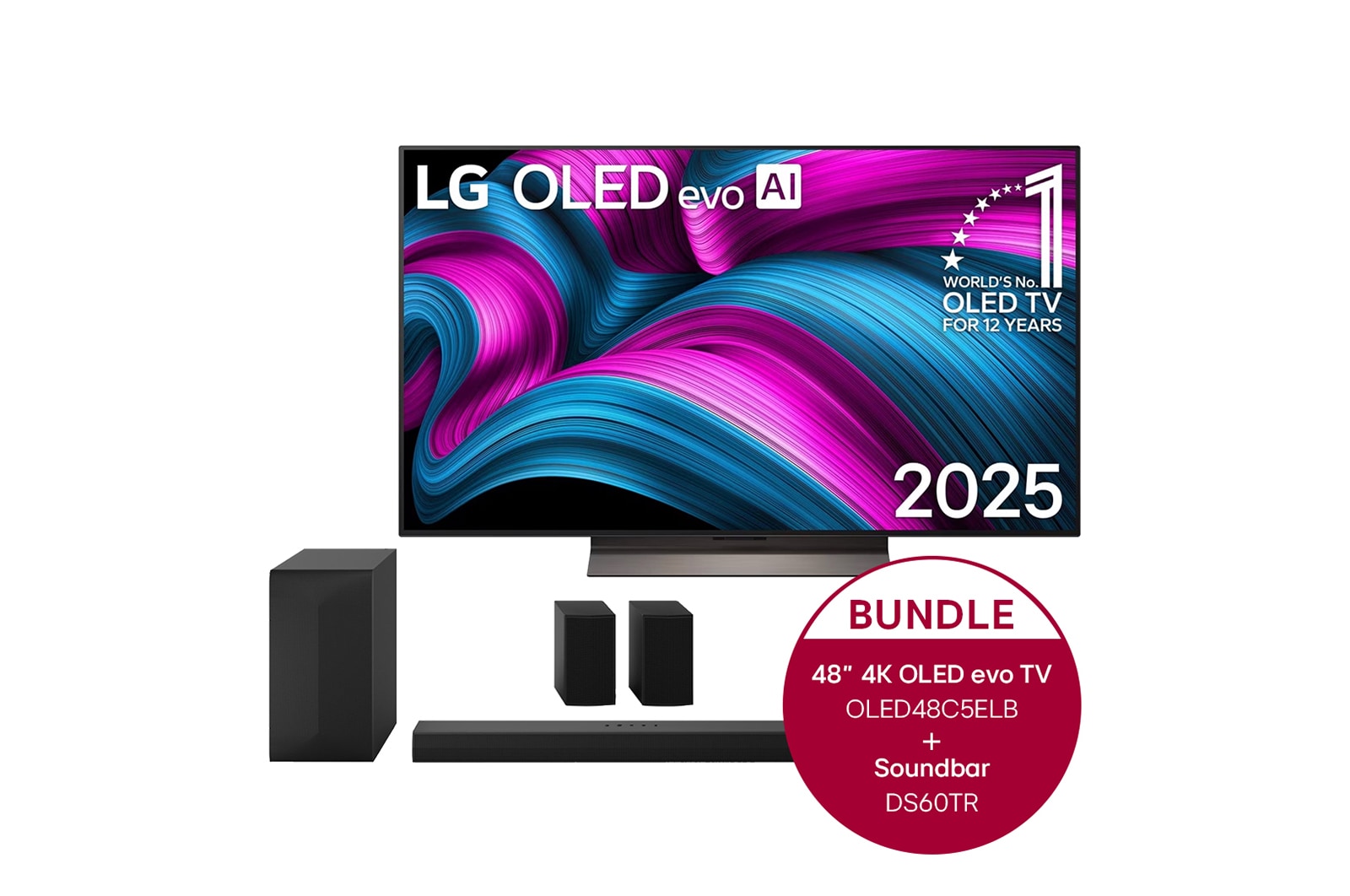 Vorderseite von 48 Zoll LG OLED evo AI C5E 4K Smart TV + 5.1-Kanal LG Heimkino-Soundbar S60TR mit Surround-Sound und hinteren Lautsprechern OLED48C5ELB.DS60TR