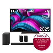 Vorderseite von 48 Zoll LG OLED evo AI C5E 4K Smart TV + 5.1-Kanal LG Heimkino-Soundbar S60TR mit Surround-Sound und hinteren Lautsprechern OLED48C5ELB.DS60TR