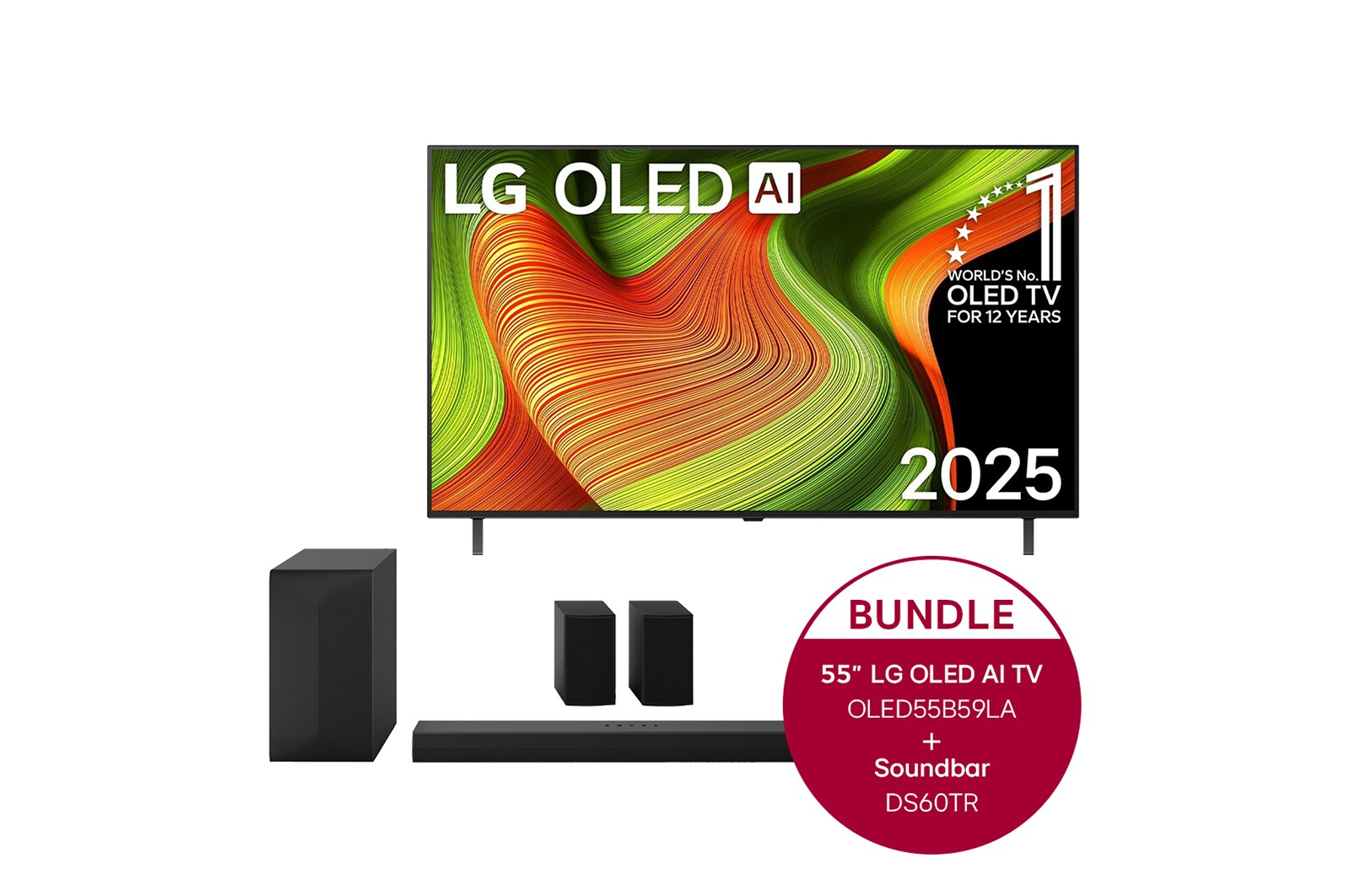 Vorderseite von 55 Zoll LG OLED AI B5 4K Smart TV  &#43; 5.1-Kanal LG Home Theater Soundbar DS60TR mit Surround-Sound und hinteren Lautsprechern OLED55B59LA.DS60TR