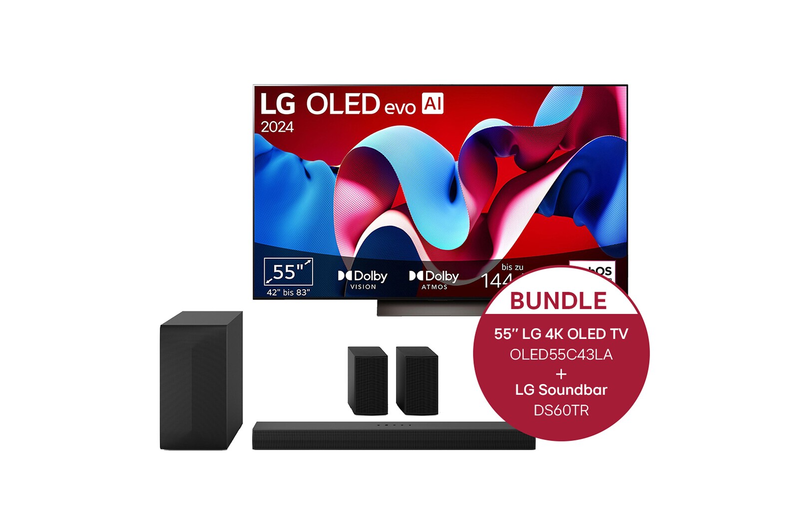 Vorderseite von 55 Zoll LG OLED evo C4 4K Smart TV &#43; 5.1 Soundbar DS60TR mit 440 Watt  OLED55C43LA.DS60TR