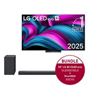 Vorderseite von 55 Zoll LG OLED evo AI C5E 4K Smart TV  &#43; 3.1.3 Dolby Atmos® Soundbar mit 400 Watt | kabelloser Subwoofer OLED55C5ELB.DSC9S