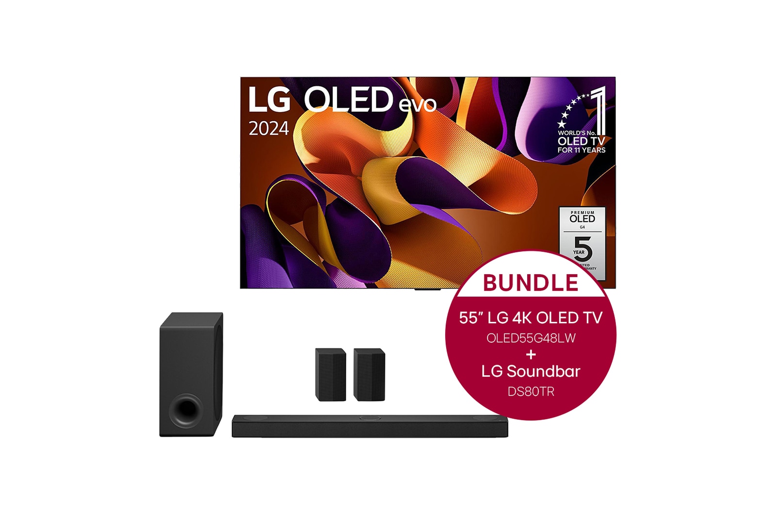 Vorderseite von 55 Zoll LG OLED evo G4 4K Smart TV &#43; 5.1.3 Dolby Atmos Soundbar mit 580 Watt  OLED55G48LW.DS80TR