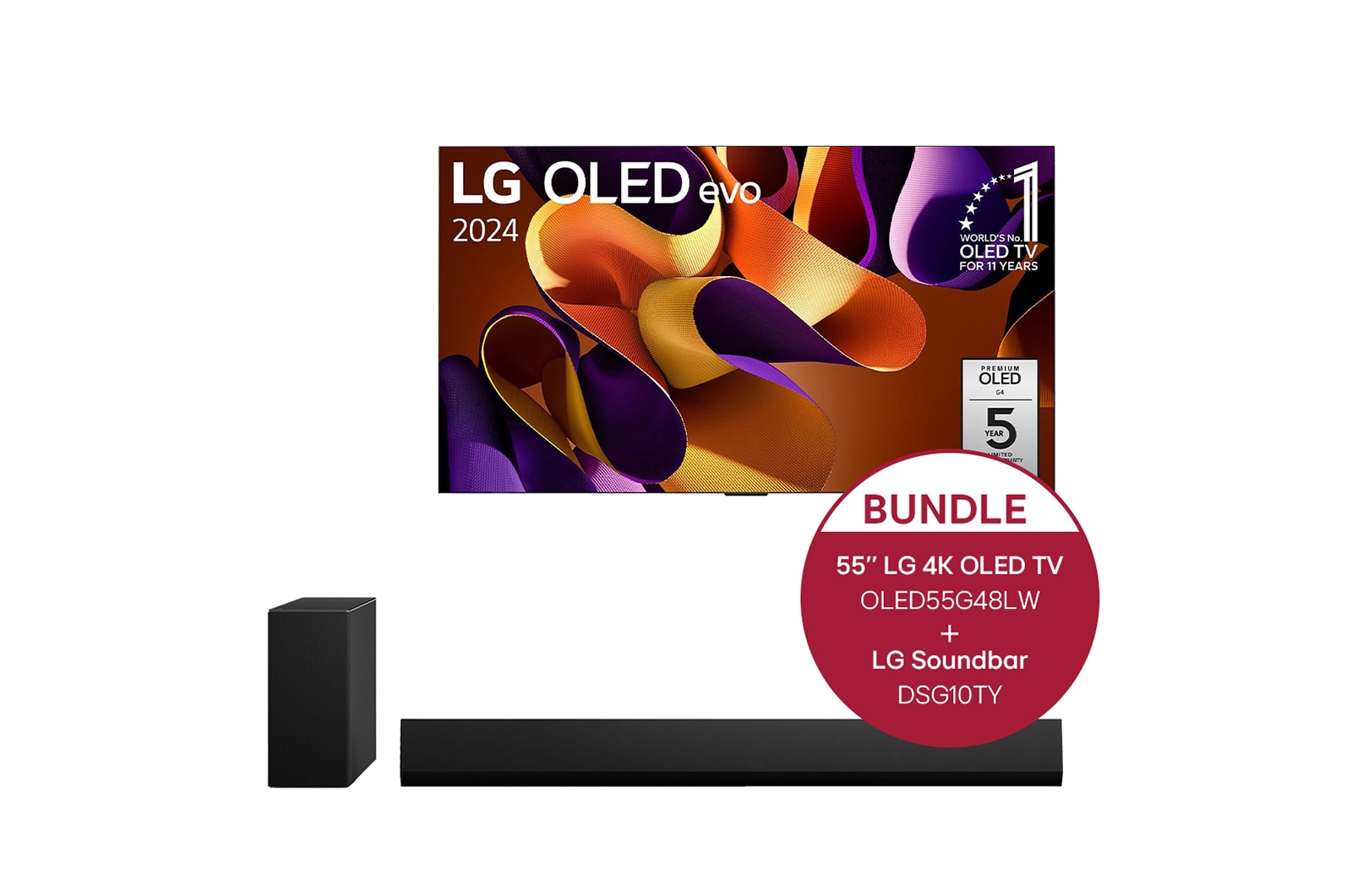 LG 55 Zoll LG OLED evo G4 4k Smart TV + 3.1 Dolby Atmos®️ Design-Soundbar mit 420 Watt, OLED55G48LW.DSG10TY