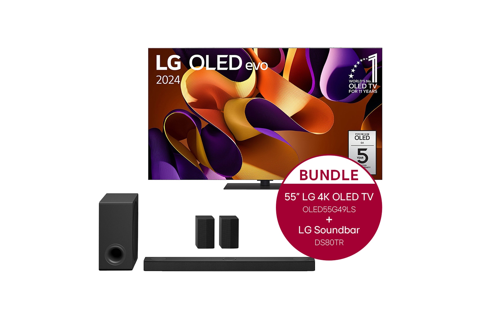 Vorderseite von 55 Zoll LG OLED evo G4 4K Smart TV &#43; 5.1.3 Dolby Atmos Soundbar mit 580 Watt  OLED55G49LS.DS80TR