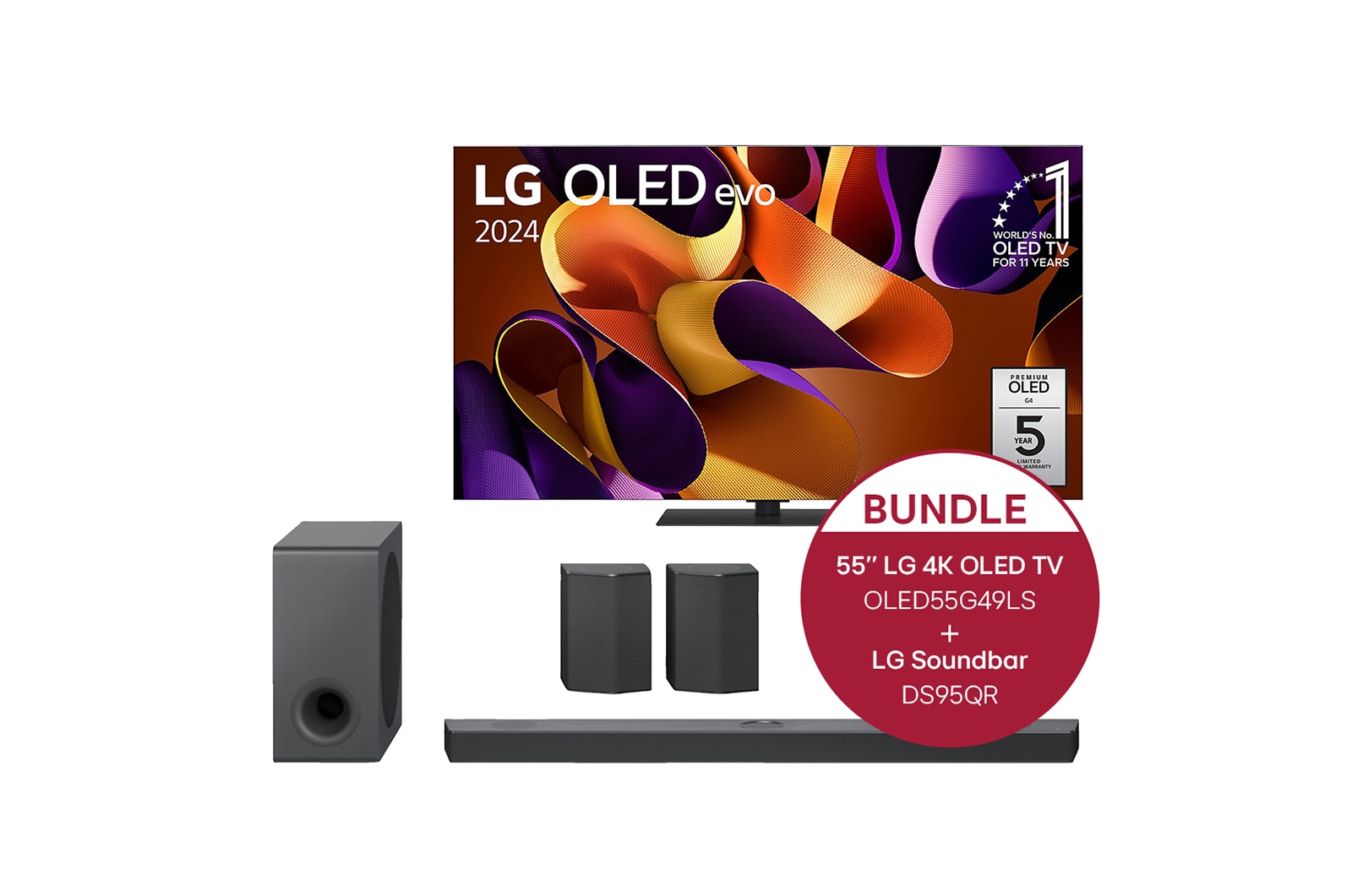 Vorderseite von 55 Zoll LG OLED evo G4 4K Smart TV &#43; 9.1.5 Dolby Atmos® Soundbar mit 810 Watt | kabelloser Subwoofer | 3-Way-Upfiring-Rücklautsprecher OLED55G49LS.DS95QR