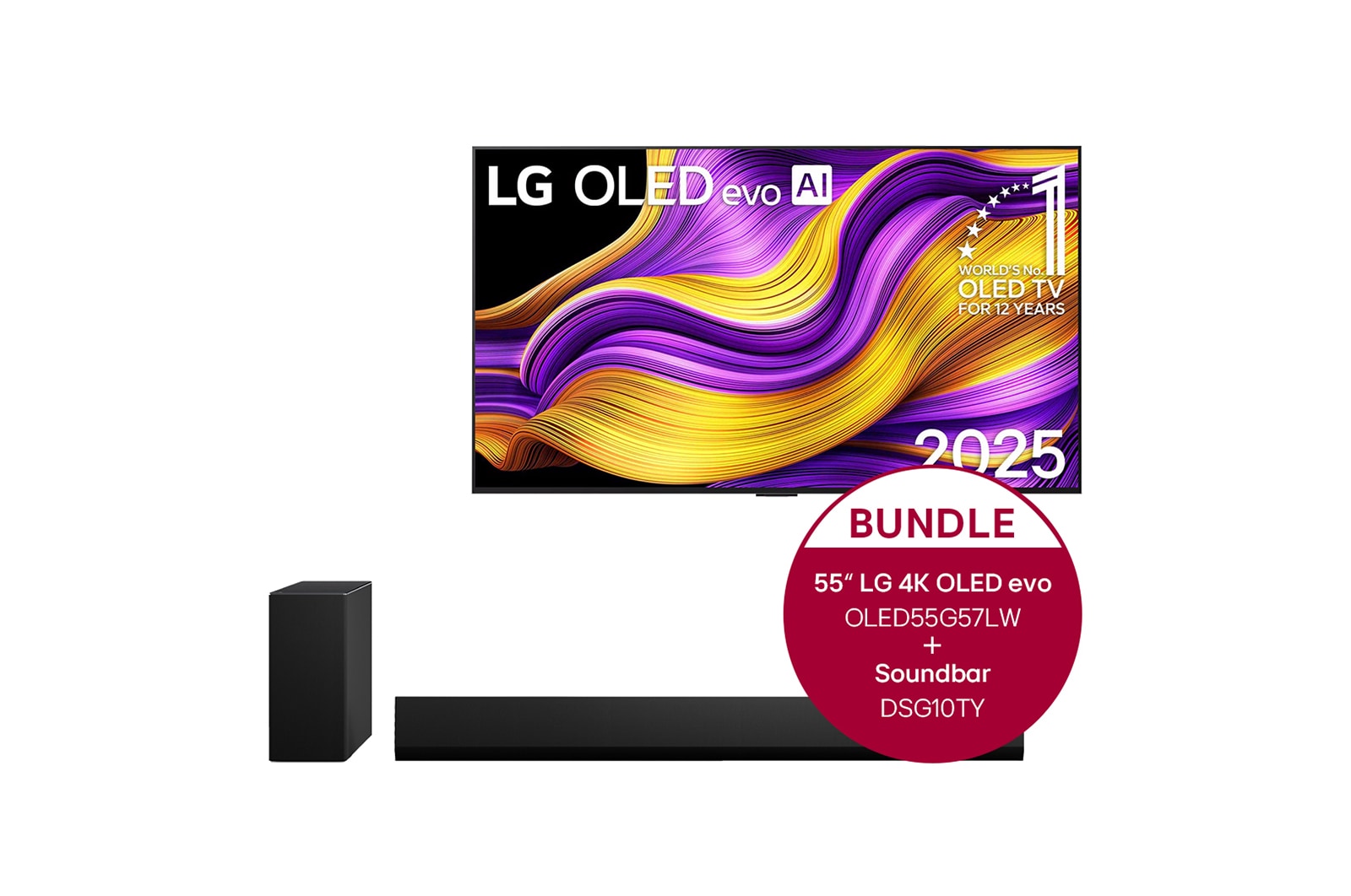 Vorderseite von 55 Zoll LG OLED evo G4 4K Smart TV &#43; 3.1 Kanal LG TV Soundbar DSG10TY mit Dolby Atmos  OLED55G57LW.DSG10TY