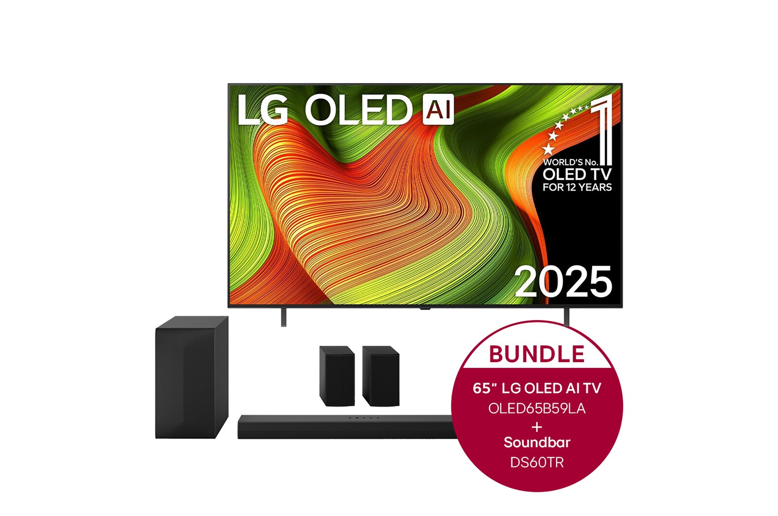 Vorderseite von 65 Zoll LG OLED AI B5 4K Smart TV  &#43; 5.1-Kanal LG Home Theater Soundbar DS60TR mit Surround-Sound und hinteren Lautsprechern OLED65B59LA.DS60TR