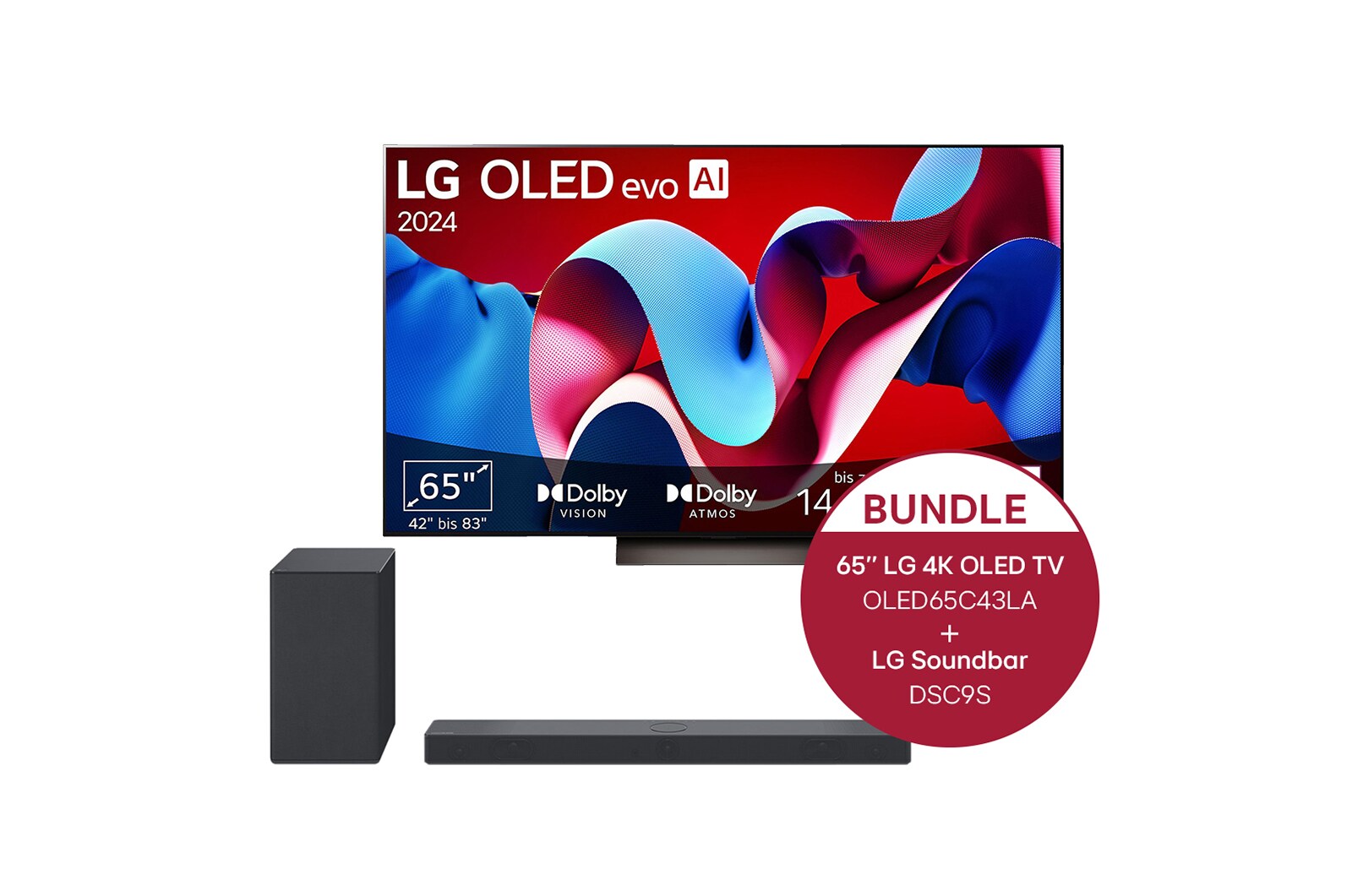 LG 65 Zoll LG OLED evo C4 4k Smart TV + 3.1.3 Dolby Atmos® Soundbar mit 400 Watt, OLED65C43LA.DSC9S