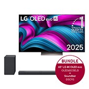 Vorderseite von 65 Zoll LG OLED evo AI C5E 4K Smart TV  &#43; 3.1.3 Dolby Atmos® Soundbar mit 400 Watt | kabelloser Subwoofer OLED65C5ELB.DSC9S