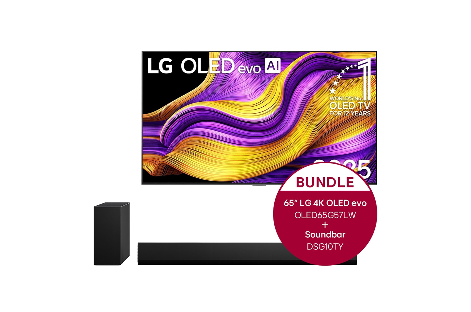 Vorderseite von 65 Zoll LG OLED evo G5 4K Smart TV &#43; 3.1 Kanal LG TV Soundbar DSG10TY mit Dolby Atmos  OLED65G57LW.DSG10TY