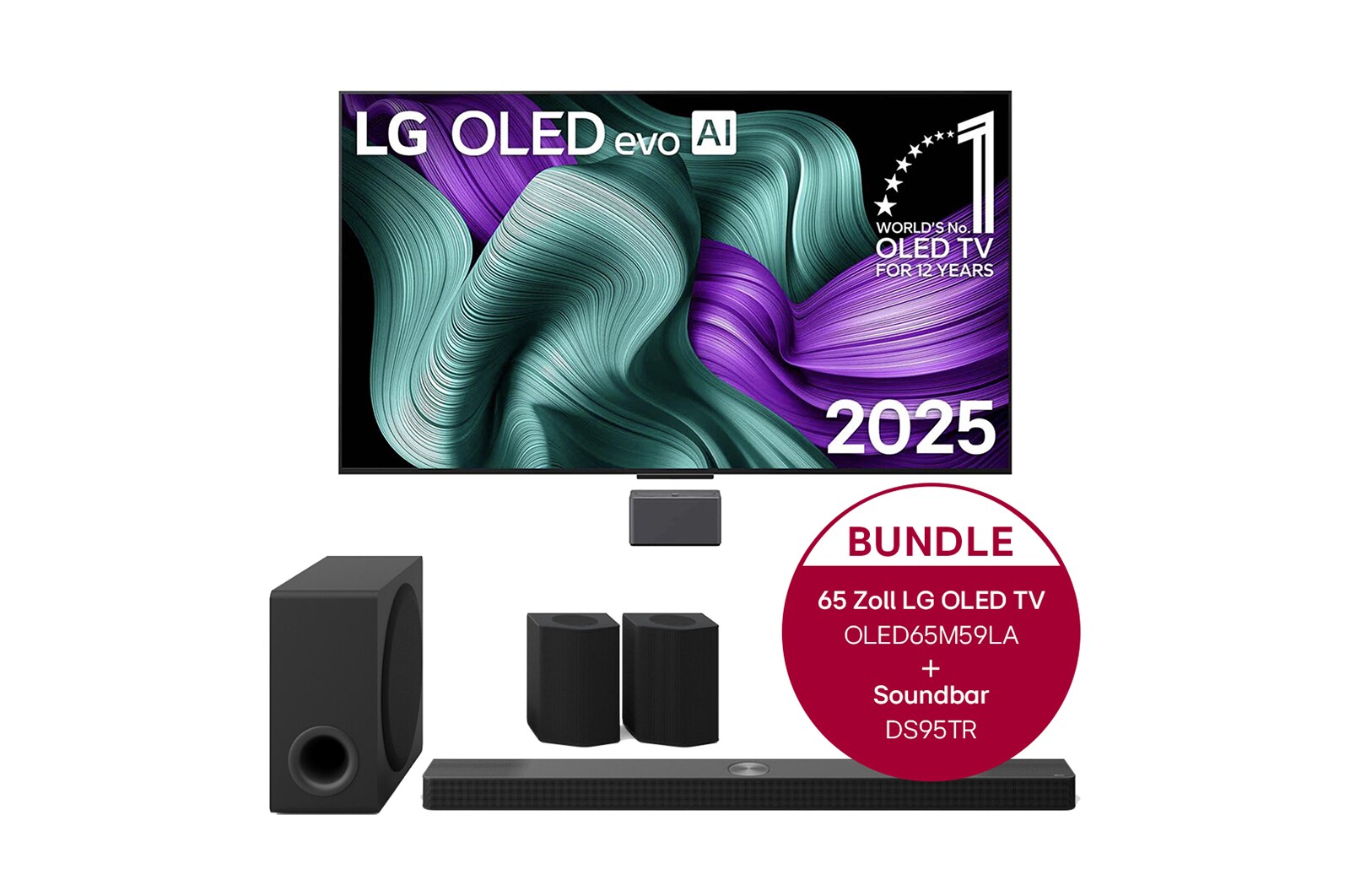 Vorderseite von True Wireless TV 65 Zoll LG OLED evo AI M5 mit 4K Video- und Audioübertragung &#43; 9.1.5-Kanal LG Home Theater Soundbar DS95TR mit Surround-Sound und hinteren Lautsprechern OLED65M59LA.DS95TR