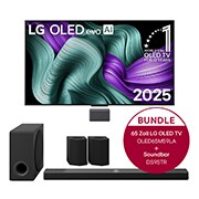 Vorderseite von True Wireless TV 65 Zoll LG OLED evo AI M5 mit 4K Video- und Audioübertragung &#43; 9.1.5-Kanal LG Home Theater Soundbar DS95TR mit Surround-Sound und hinteren Lautsprechern OLED65M59LA.DS95TR