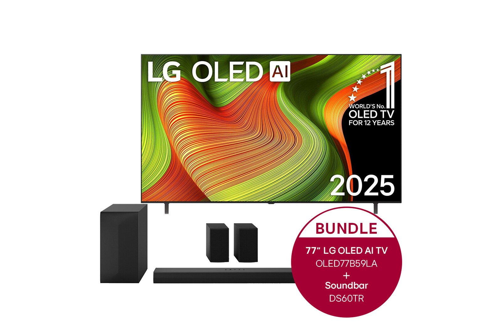 Vorderseite von 77 Zoll LG OLED AI B5 4K Smart TV  &#43; 5.1-Kanal LG Home Theater Soundbar DS60TR mit Surround-Sound und hinteren Lautsprechern OLED77B59LA.DS60TR