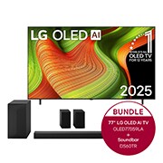 Vorderseite von 77 Zoll LG OLED AI B5 4K Smart TV  &#43; 5.1-Kanal LG Home Theater Soundbar DS60TR mit Surround-Sound und hinteren Lautsprechern OLED77B59LA.DS60TR