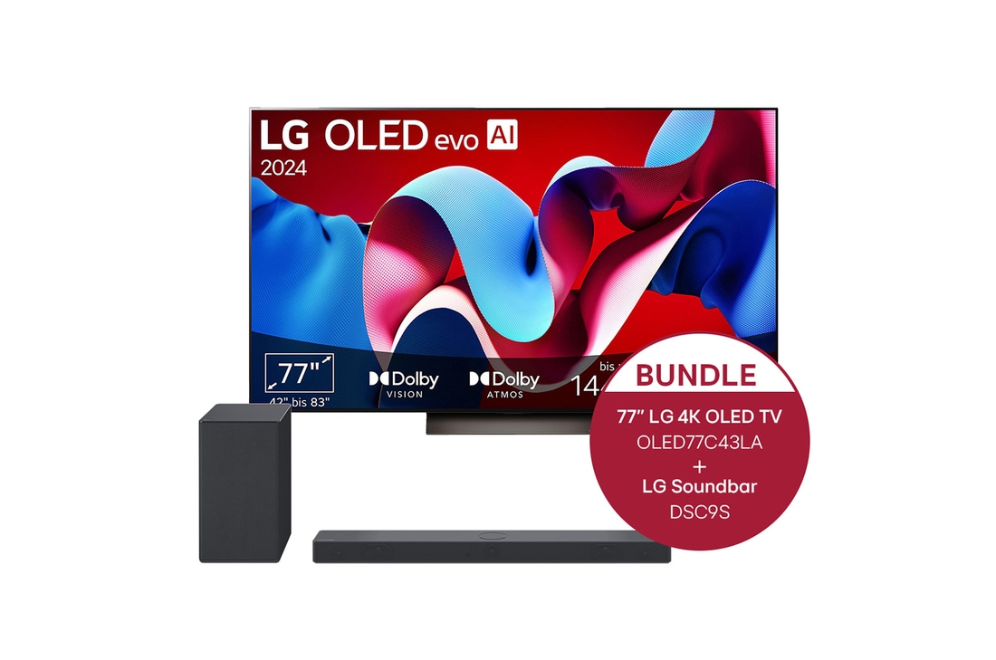 LG 77 Zoll LG OLED evo C4 4k Smart TV + 3.1.3 Dolby Atmos® Soundbar mit 400 Watt, OLED77C43LA.DSC9S