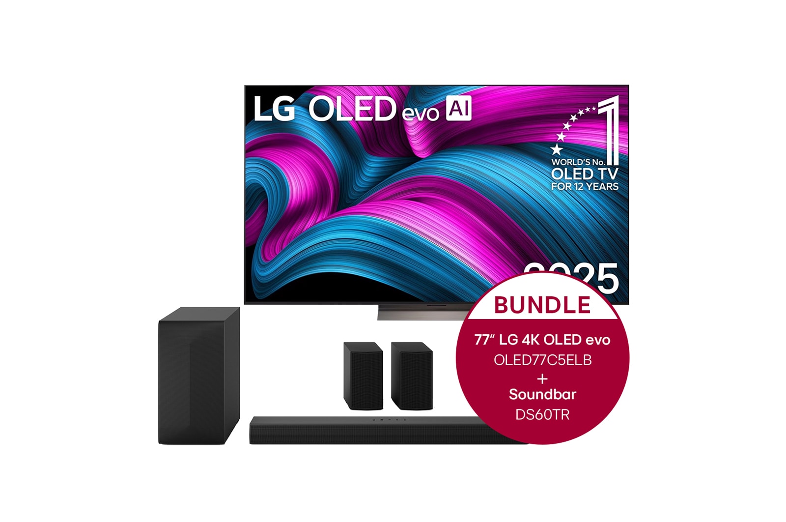 Vorderseite von 77 Zoll LG OLED evo AI C5E 4K Smart TV 2025 + 5.1-Kanal LG Home Theater Soundbar DS60TR mit Surround-Sound und hinteren Lautsprechern OLED77C5ELB.DS60TR