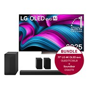 Vorderseite von 77 Zoll LG OLED evo AI C5E 4K Smart TV 2025 + 5.1-Kanal LG Home Theater Soundbar DS60TR mit Surround-Sound und hinteren Lautsprechern OLED77C5ELB.DS60TR