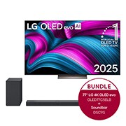 Vorderseite von 77 Zoll LG OLED evo AI C5E 4K Smart TV  &#43; 3.1.3 Dolby Atmos® Soundbar mit 400 Watt | kabelloser Subwoofer OLED77C5ELB.DSC9S