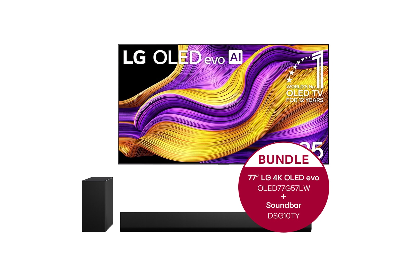 Vorderseite von 77 Zoll LG OLED evo G4 4K Smart TV &#43; 3.1 Kanal LG TV Soundbar DSG10TY mit Dolby Atmos  OLED77G57LW.DSG10TY