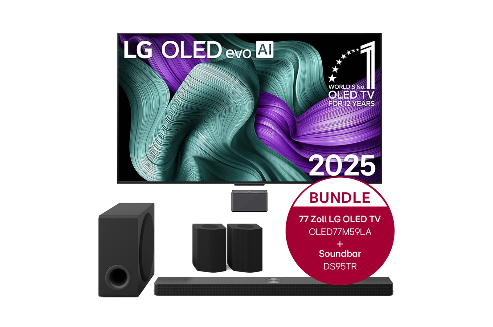 Vorderseite von True Wireless TV 77 Zoll LG OLED evo AI M5 mit 4K Video- und Audioübertragung &#43; 9.1.5-Kanal LG Home Theater Soundbar DS95TR mit Surround-Sound und hinteren Lautsprechern OLED77M59LA.DS95TR