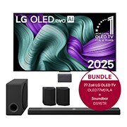 Vorderseite von True Wireless TV 77 Zoll LG OLED evo AI M5 mit 4K Video- und Audioübertragung &#43; 9.1.5-Kanal LG Home Theater Soundbar DS95TR mit Surround-Sound und hinteren Lautsprechern OLED77M59LA.DS95TR