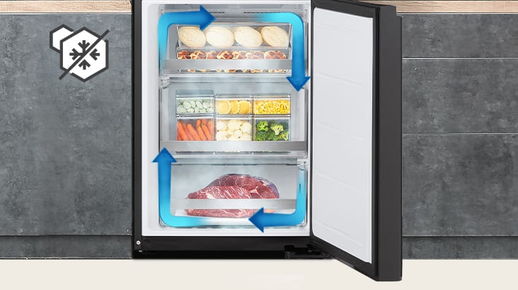 Gefrierfach mit gleichmäßiger Kühlung und zirkulierender Kaltluft, um Lebensmittel in allen Ecken frisch zu halten.