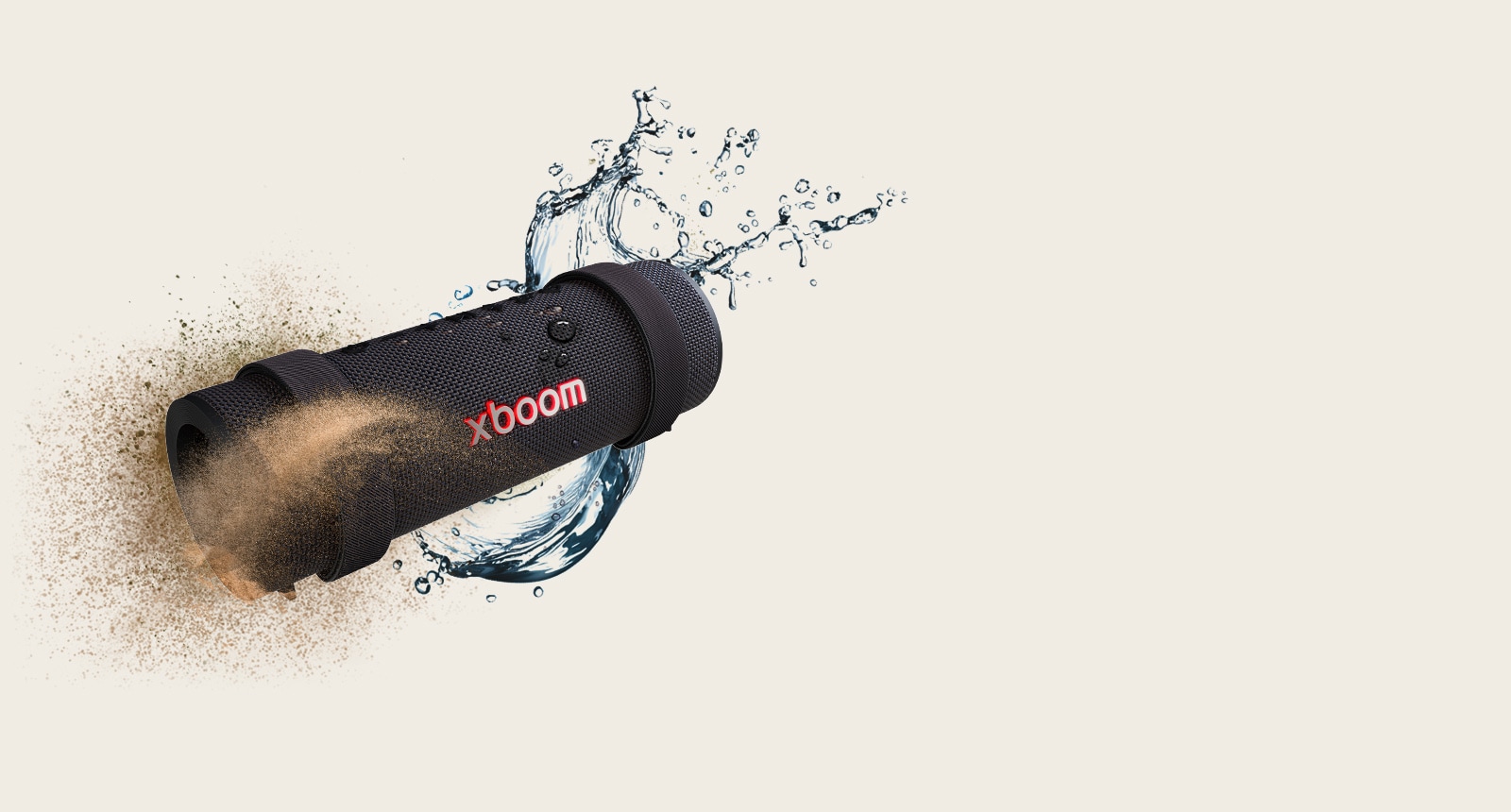 xboom Grab ist in einer sechseckigen Form platziert und dahinter befindet sich ein Haufen Erde auf der linken Seite und ein Spritzer Wasser auf der rechten Seite