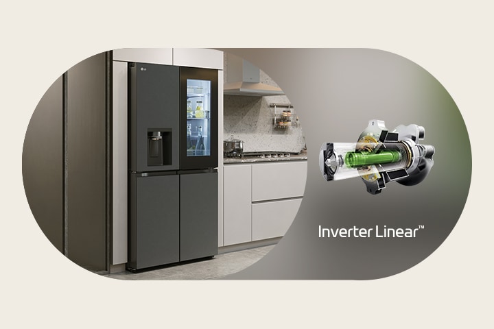 Der Kühlschrank von LG und der LG Inverter Linear Compressor™ erscheinen nebeneinander.